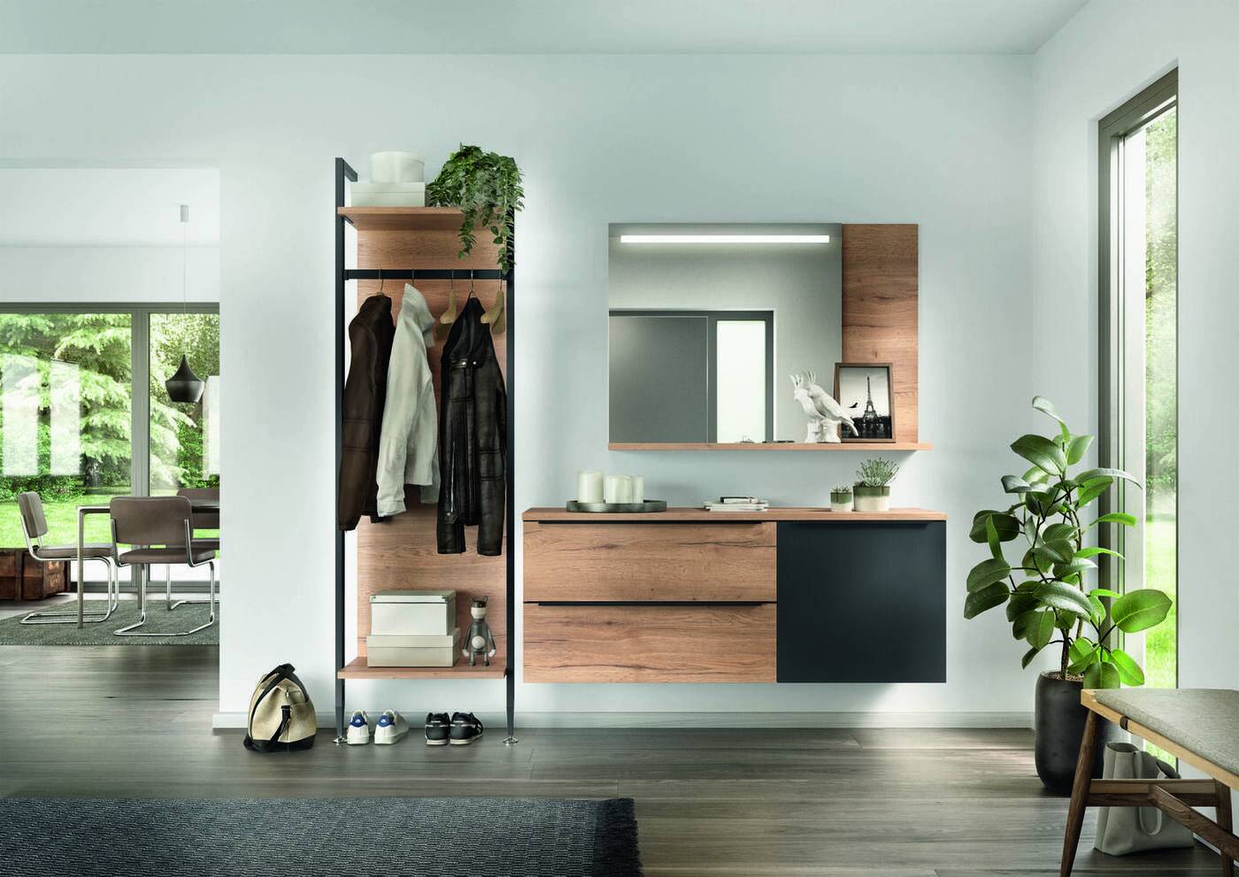 Garderobe mit offenem Kleiderständer und Konsole in Eiche