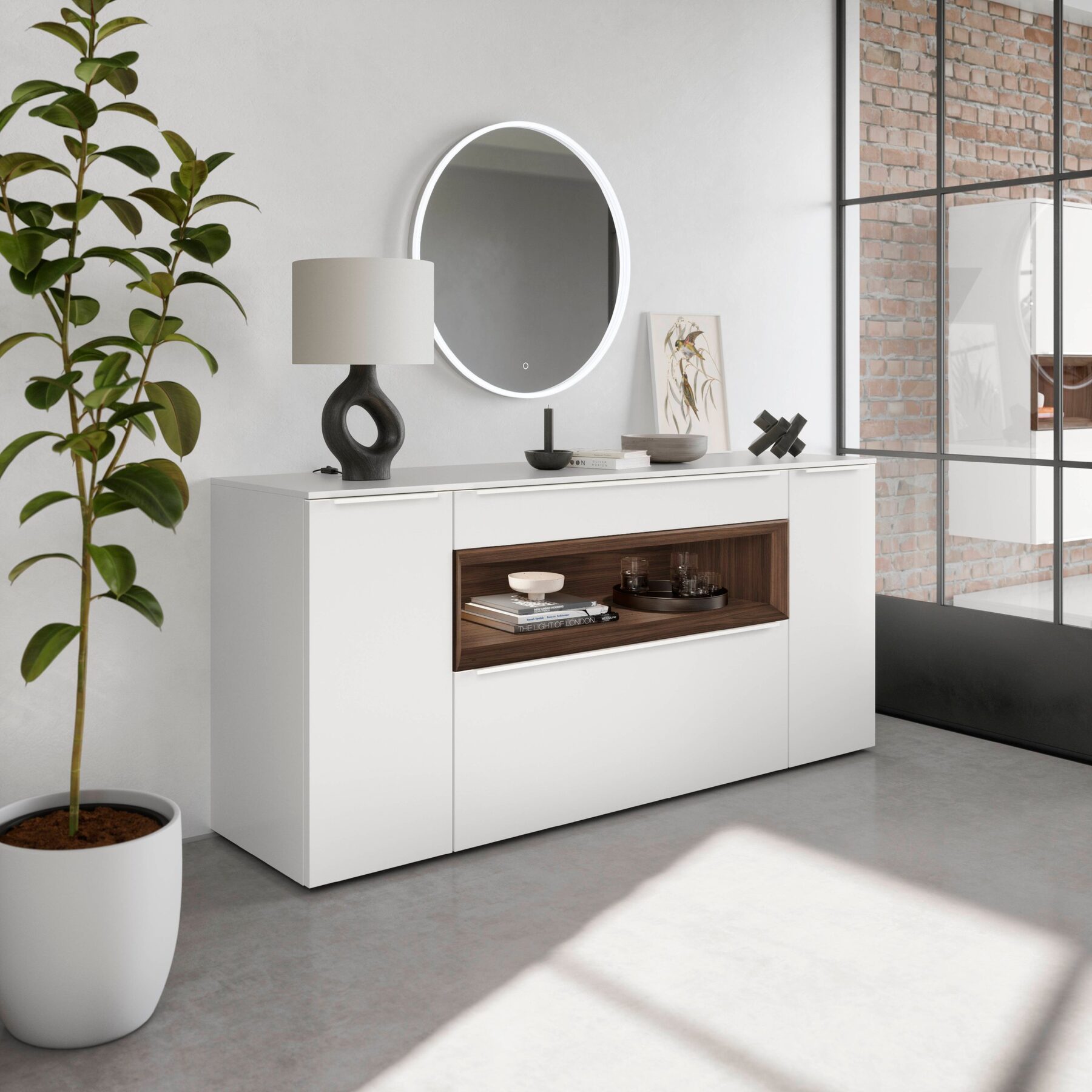 Weißes Sideboard mit Nussbaum-Nische und rundem Spiegel