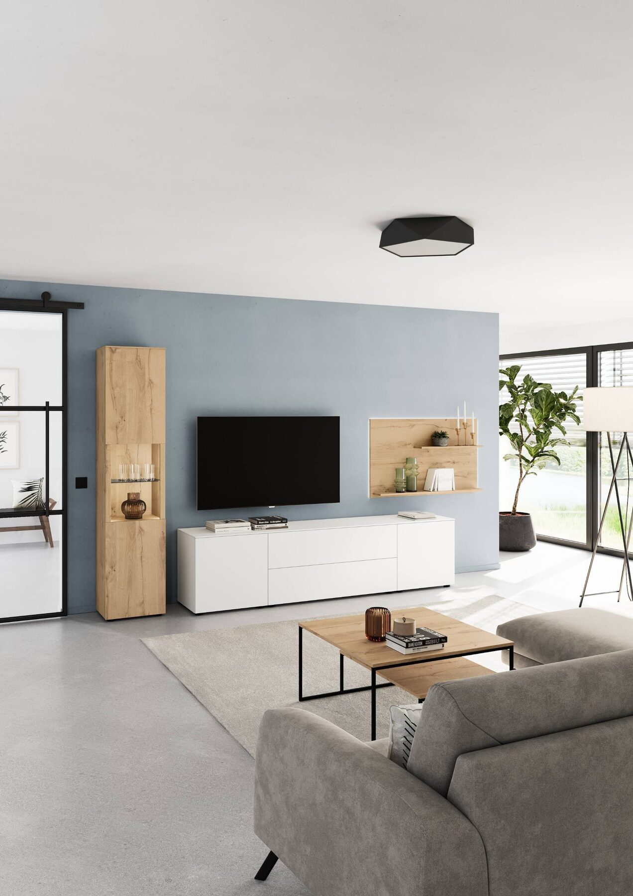 Wohnwand in Hellblau mit Eichenablage und TV-Element