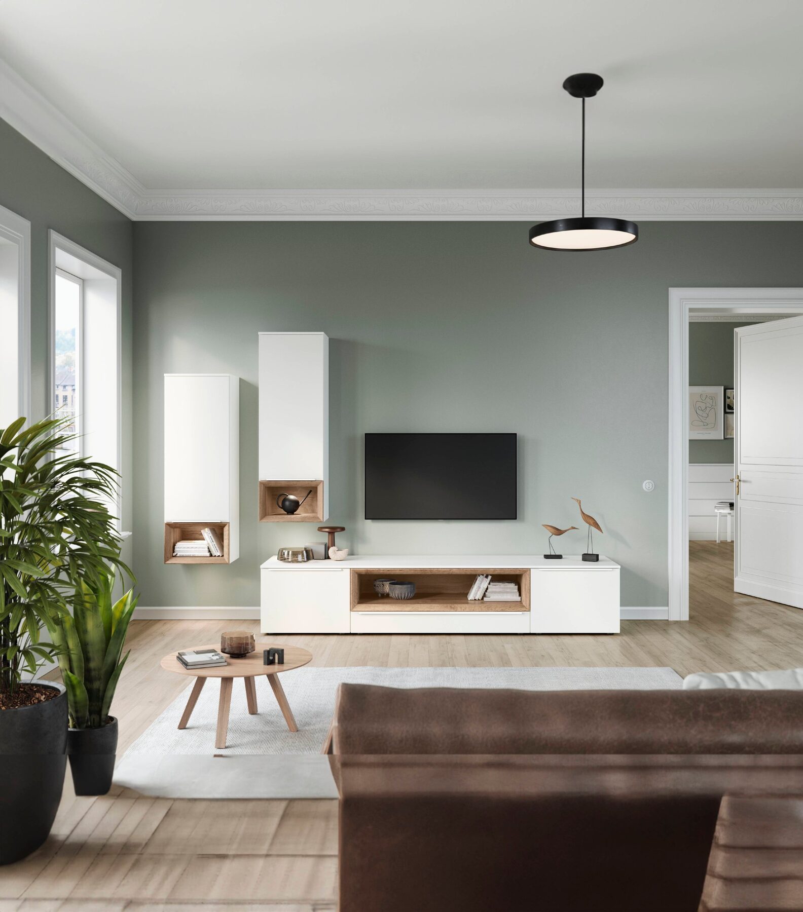 Wohnwand in Olivgrün mit weißem TV-Lowboard